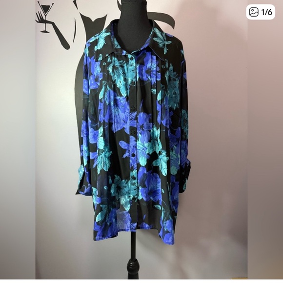 Black Floral Button-Up Blouse in Blue Teal. Semi sheer. Flowy. PTP 26 - Picture 2 of 7